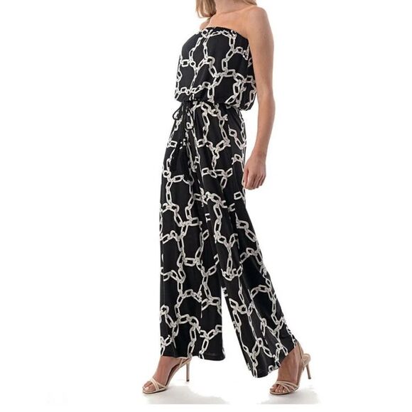 Ariella Clothing Women’s Black Chain Print Strapless Wide Leg Stretchy Jumpsuit - Picture 3 of 11